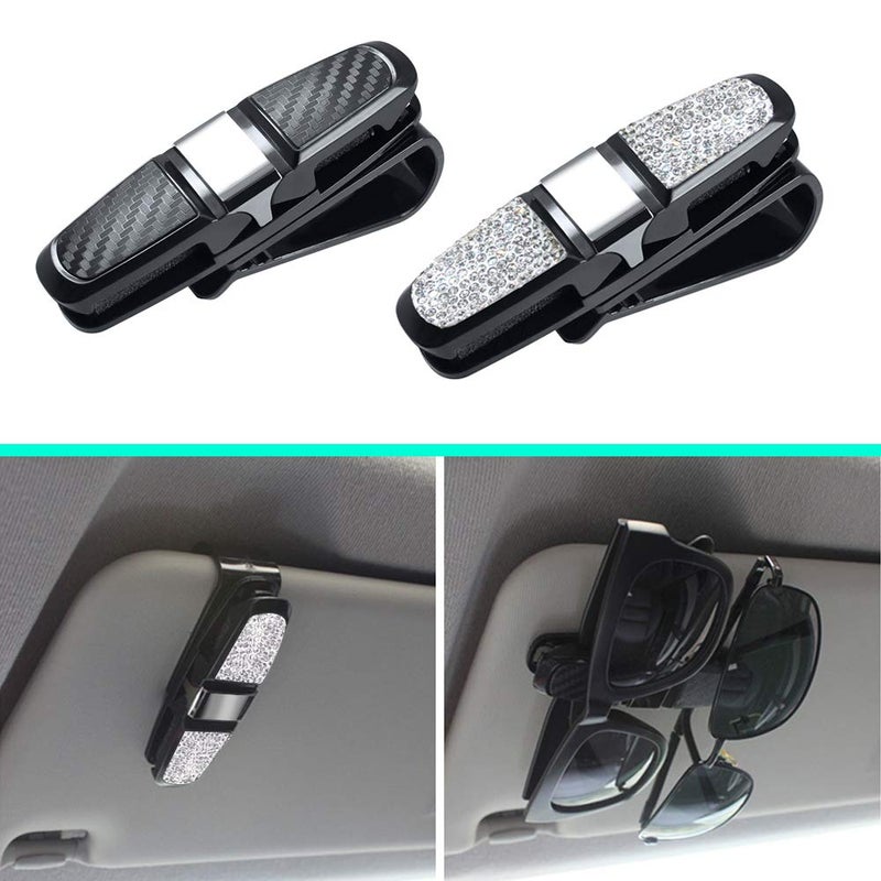 FineGood 2 Pack Glasses Holders for Car Sun Visor, Glasses Holder Clip with Rhinestones Crystal Fashion Biling Sunglass Eyeglass Mount Hanger-Sliver & Balck - Image 3